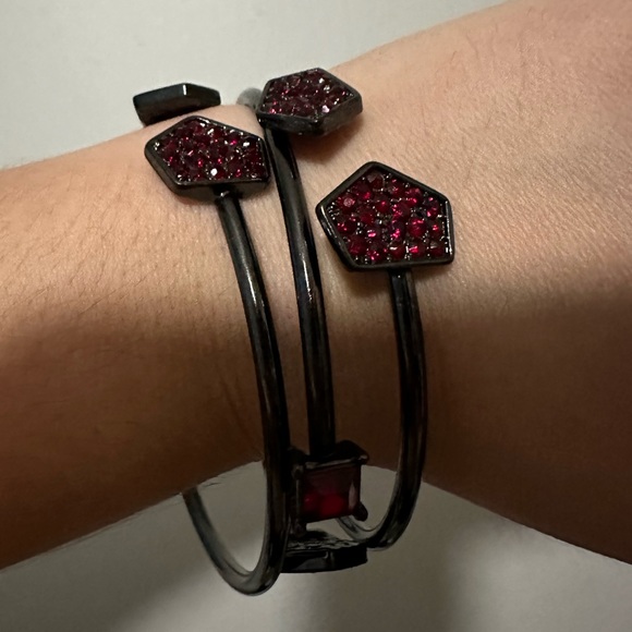 Guess Gunmetal & Ruby Bangle Cuff Bracelet Set - Picture 7 of 9